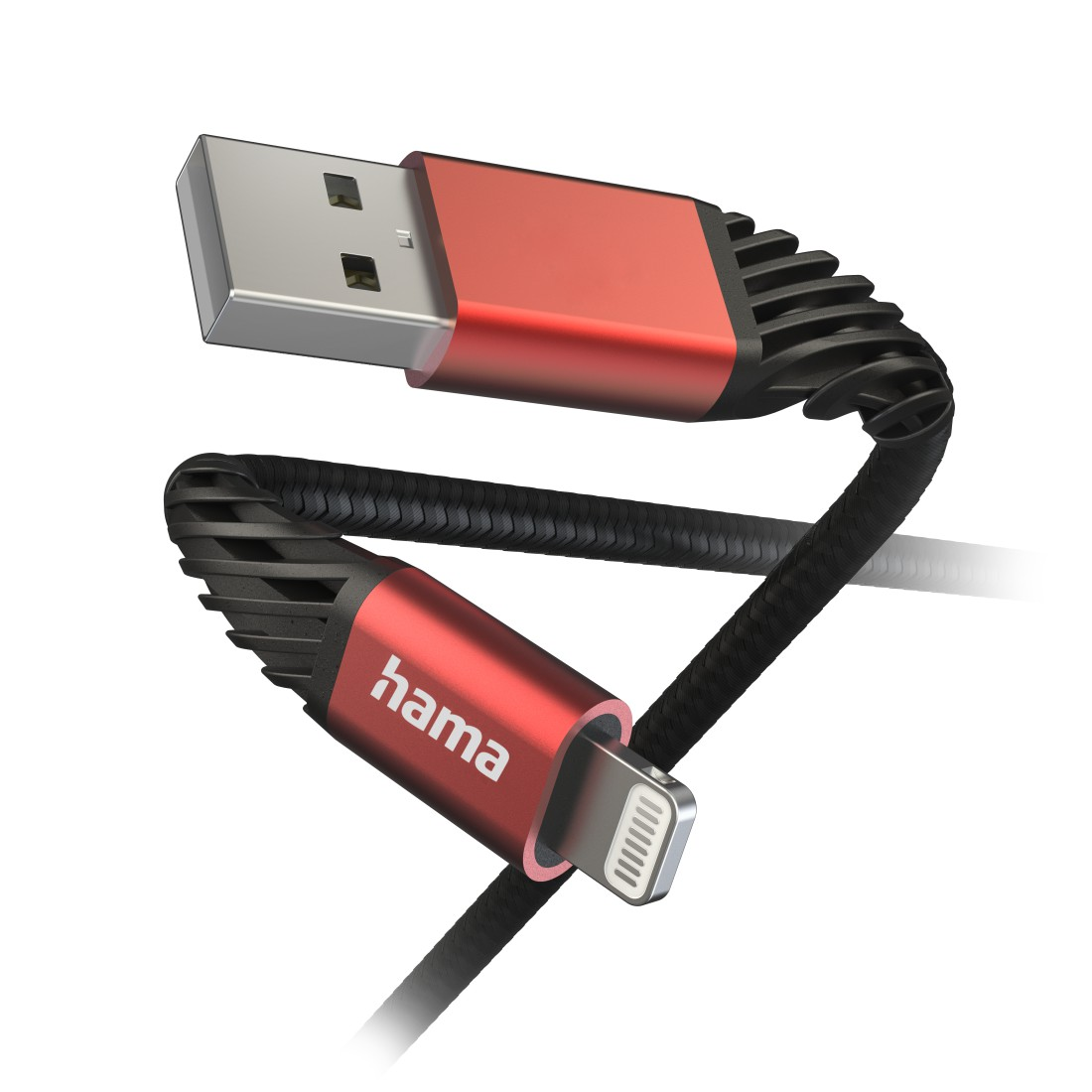 Rotes USB-zu-Lightning-Kabel mit schwarzem geflochtenem Kabel. Hama-Logo sichtbar.