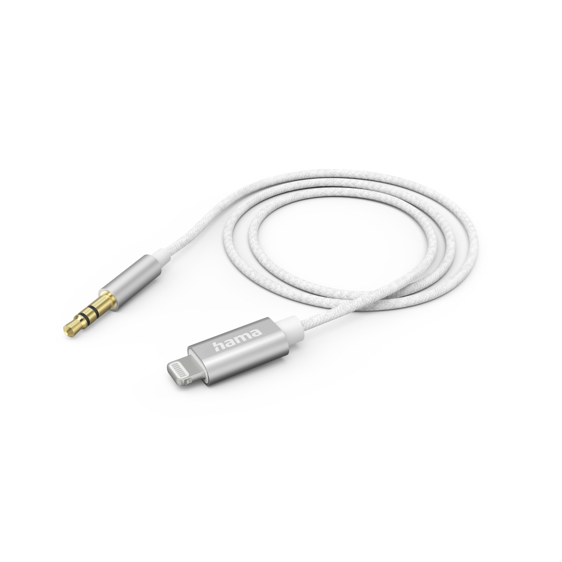 Weißes Kabel mit Lightning-Anschluss und 3,5-mm-Klinke auf weißem Hintergrund.