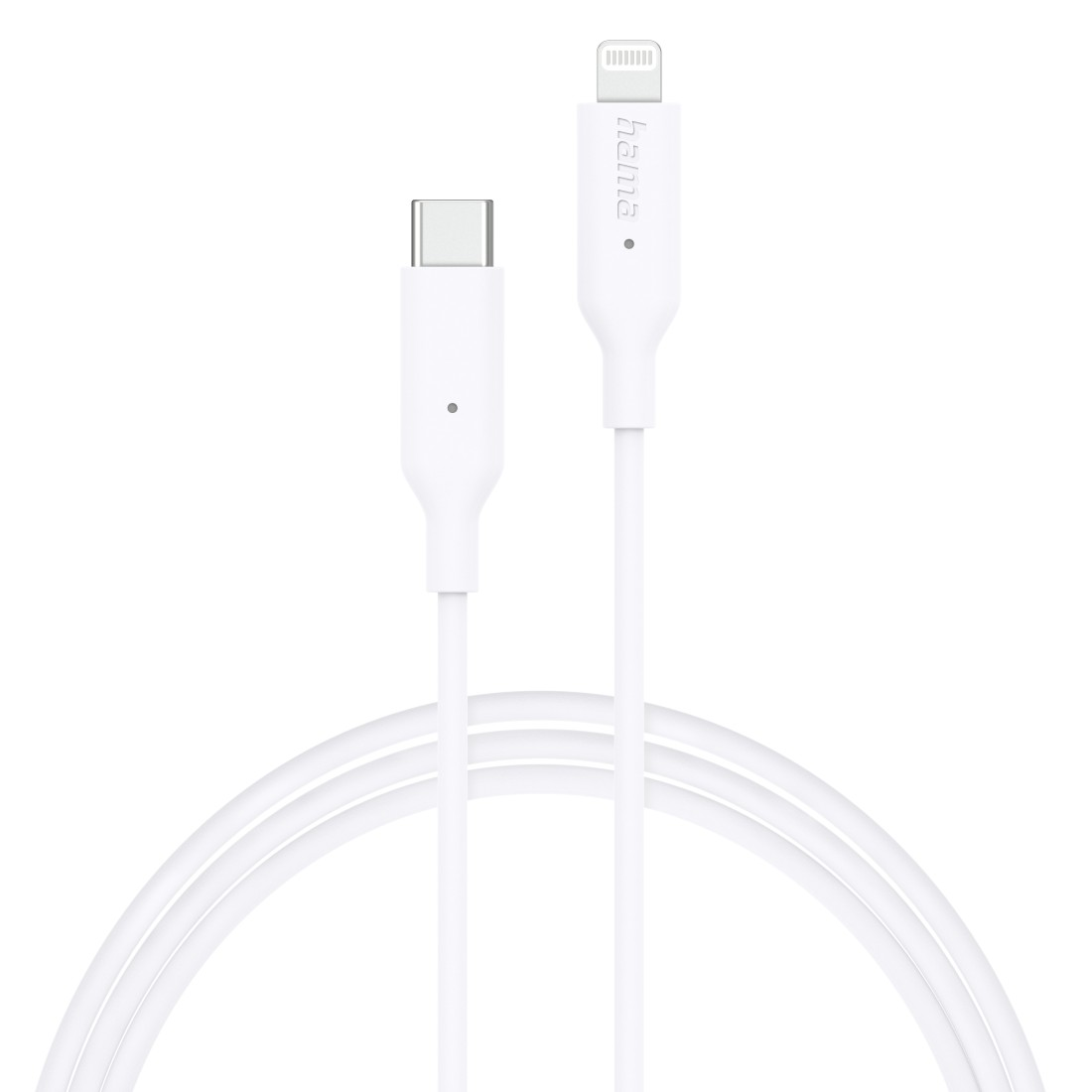 Weißes USB-C-auf-Lightning-Kabel mit Anschlüssen an beiden Enden. Hama-Logo ist abgebildet.
