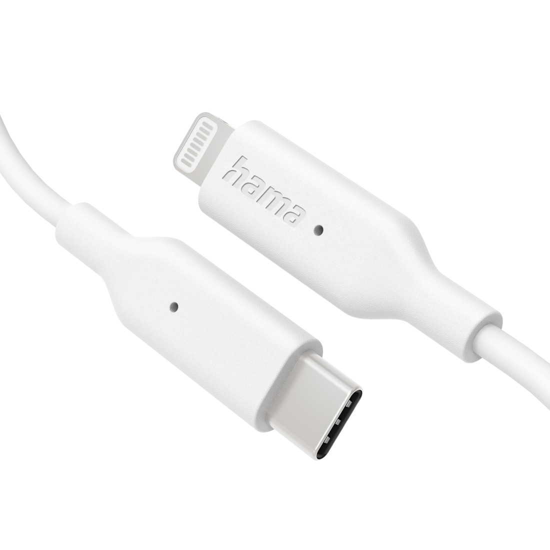 Weißes Hama USB-C-zu-Lightning-Kabel, Nahaufnahme, zeigt Anschlüsse auf weißem Hintergrund.