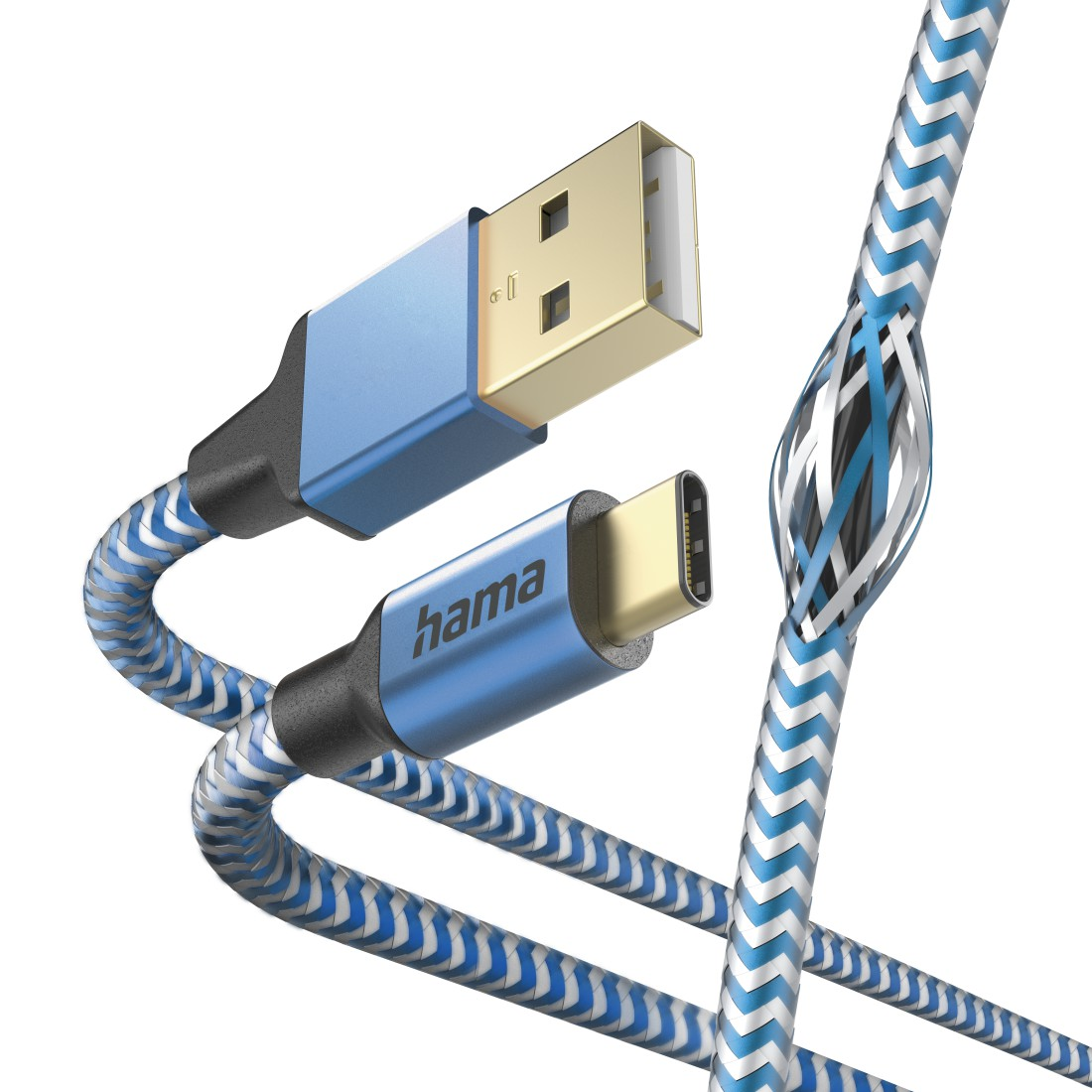 USB-A-zu-USB-C-Kabel, blau-weiß geflochten. Hama-Marke auf den Steckern sichtbar.