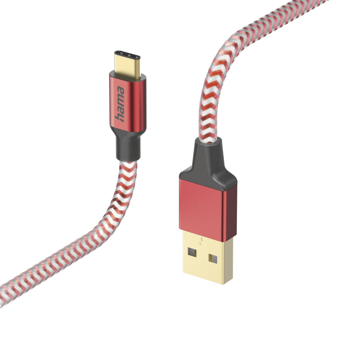 Rotes und weißes USB-C-Kabel mit goldfarbenen Steckern. Weißer Hintergrund.