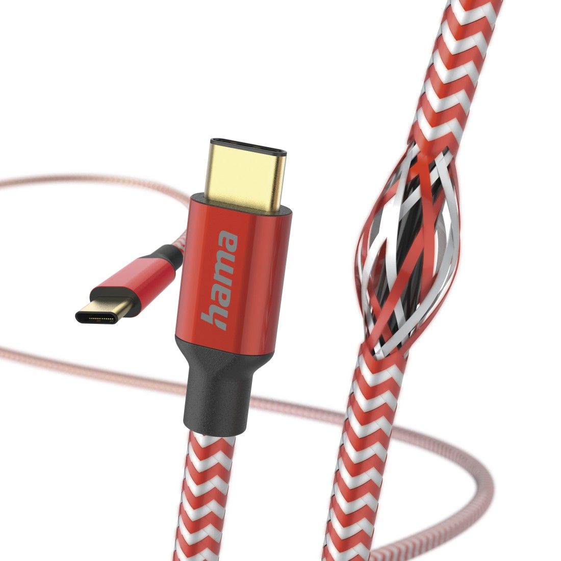 Rotes und weißes USB-C-Kabel. Ein Ende angeschlossen, eines mit freiliegenden Drähten. Hama-Markenname auf dem Kabel.
