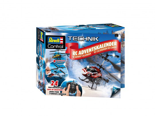 Eine Box für einen Revell Control RC Adventskalender. Sie zeigt einen Hubschrauber und eine Fernbedienung.