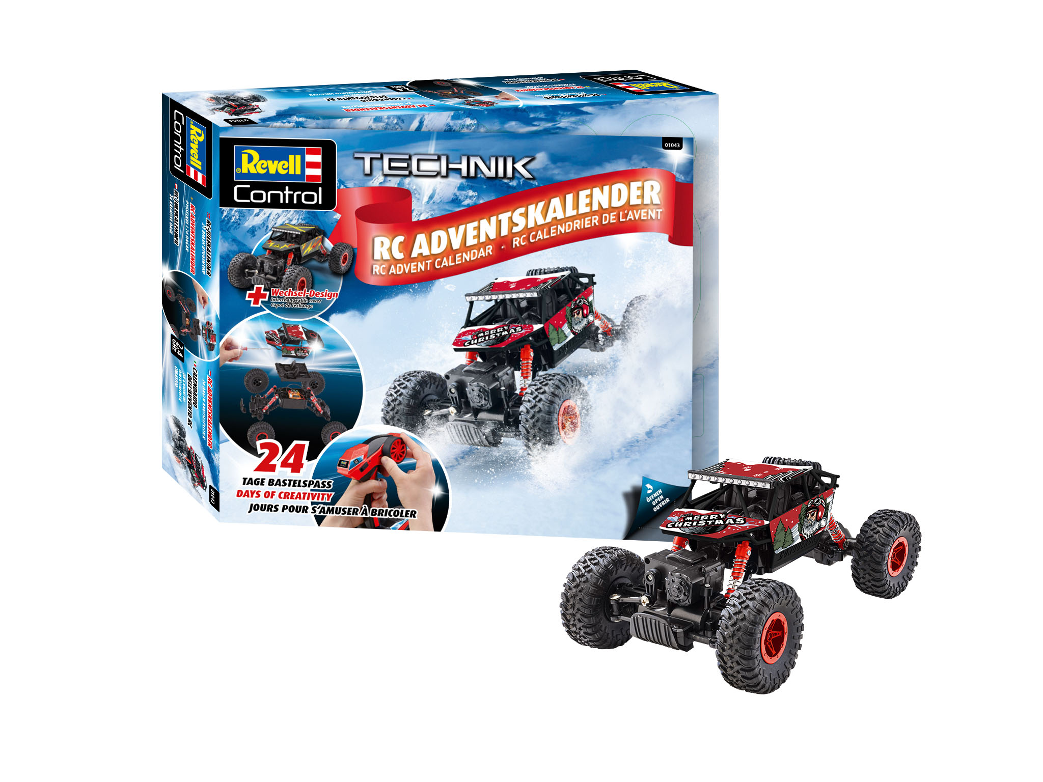 Revell RC Adventskalender Box, mit einem Spielzeugauto und Fernbedienung.