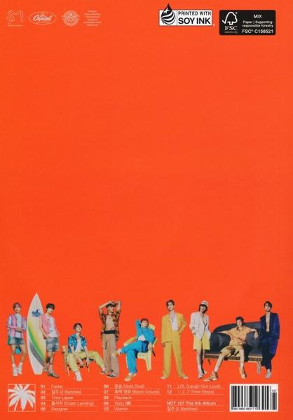 Pochette d'album, fond orange avec un groupe de personnes, une planche de surf et du texte japonais.