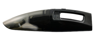 Black handheld vacuum cleaner. It has a handle and a transparent dust container.