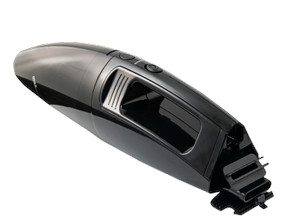 A black hand vacuum cleaner, slightly open, on a white background, showing its interior.