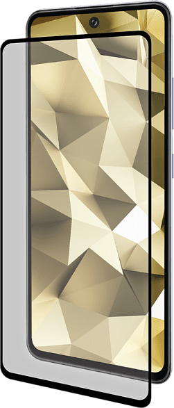 Een smartphone met een schermbeschermer. Het scherm toont een gouden, geometrisch patroon. De telefoon is zwart en grijs, met een blauwe rand.
