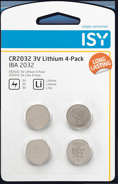 Een verpakking van vier CR2032 3V lithiumbatterijen. De verpakking is blauw en wit.