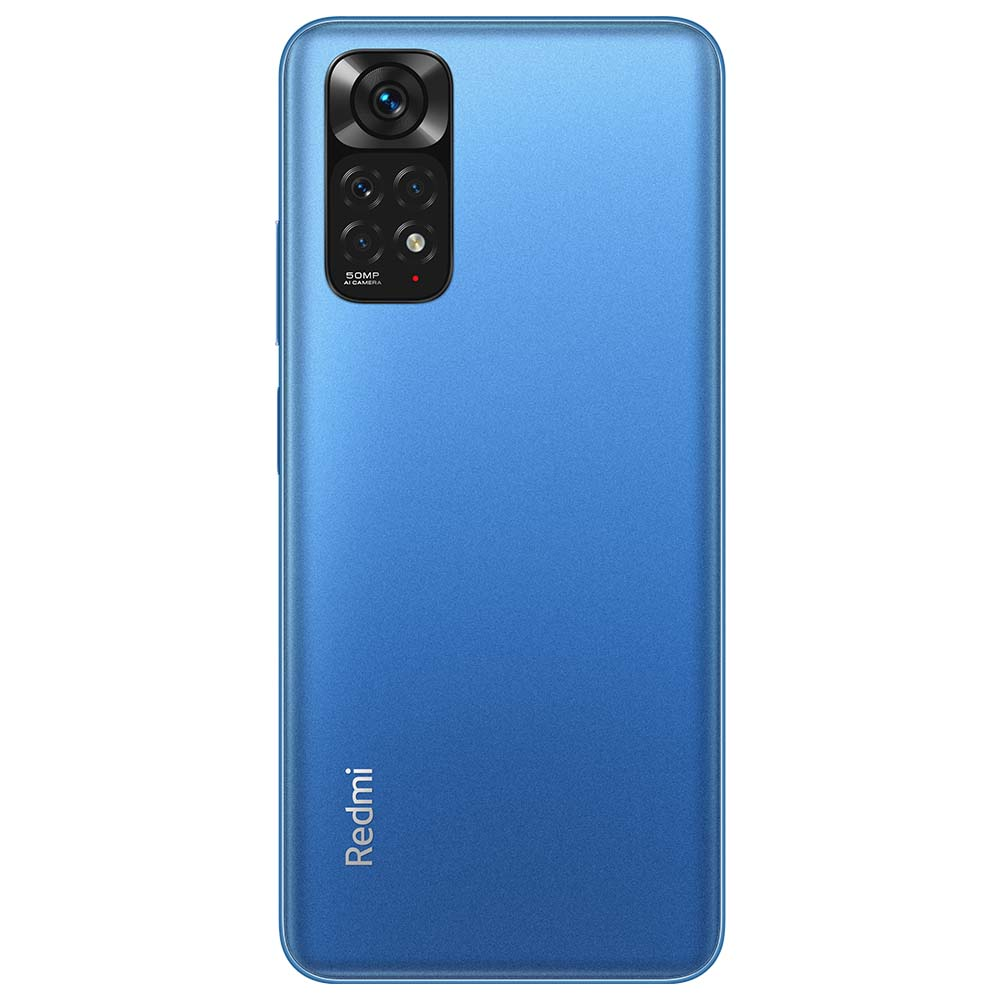 Kamera çıkıntılı mavi Redmi telefon arkası. Arka yüzey pürüzsüz ve Redmi logosu var.
