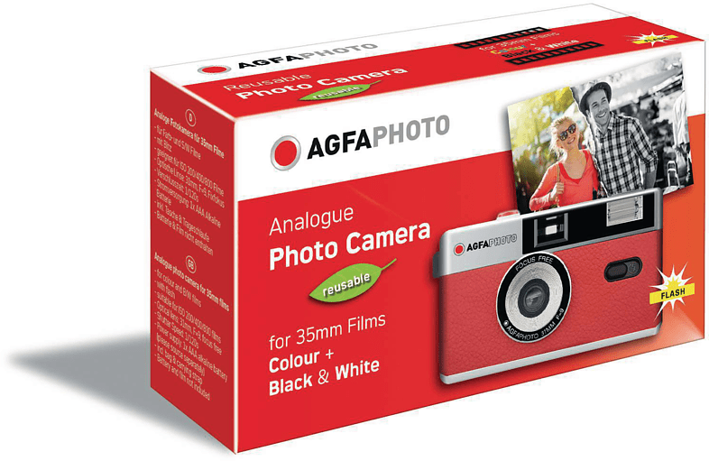 Schachtel der AGFA Photo Kamera. Rote und weiße Farben.