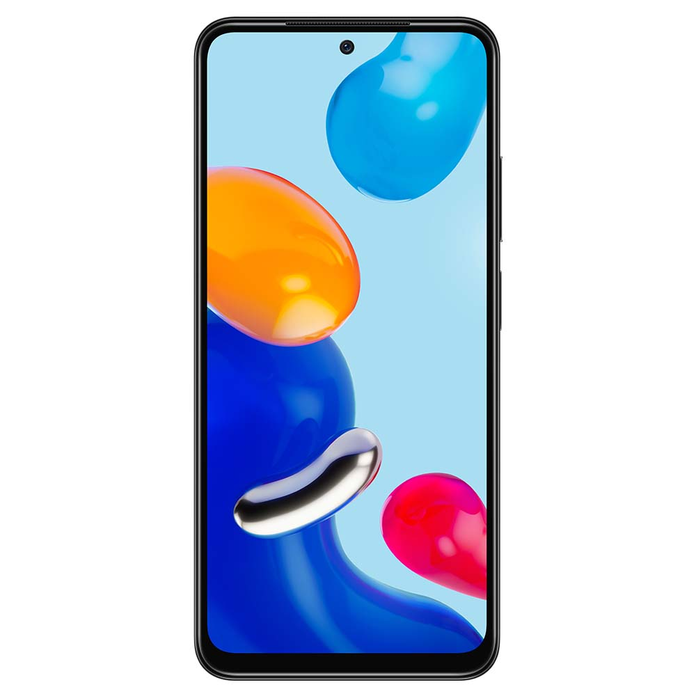 Soyut renkli şekiller gösteren ekranlı siyah telefon. Üstte kamera ve flaş.