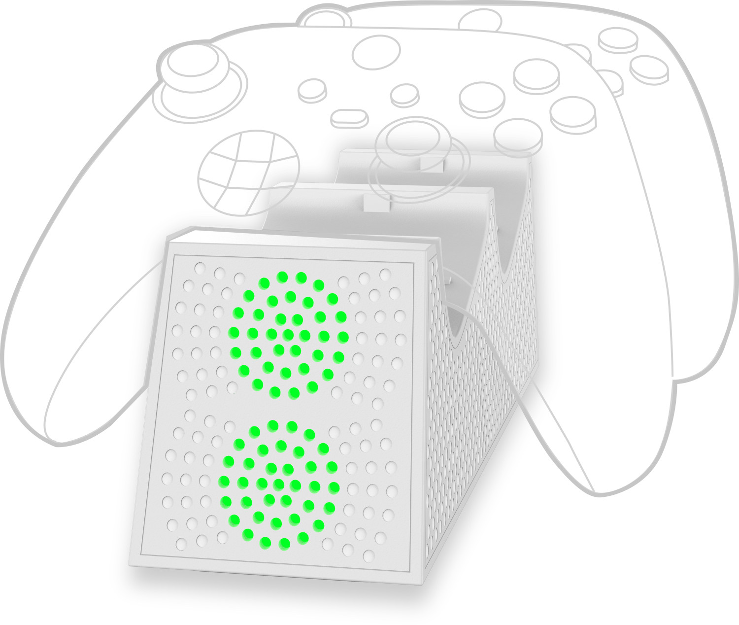 Chargeur de manette de jeu avec des lumières vertes.