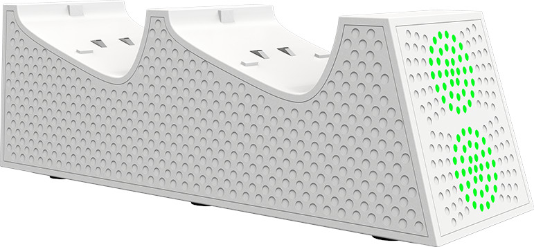 Chargeur de manette de jeu blanc avec des lumières vertes.