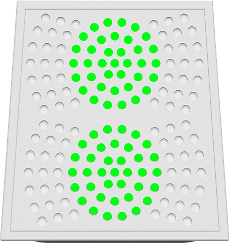 Carré blanc avec cercles verts. Surface perforée. Cercles verts disposés en deux rangées.