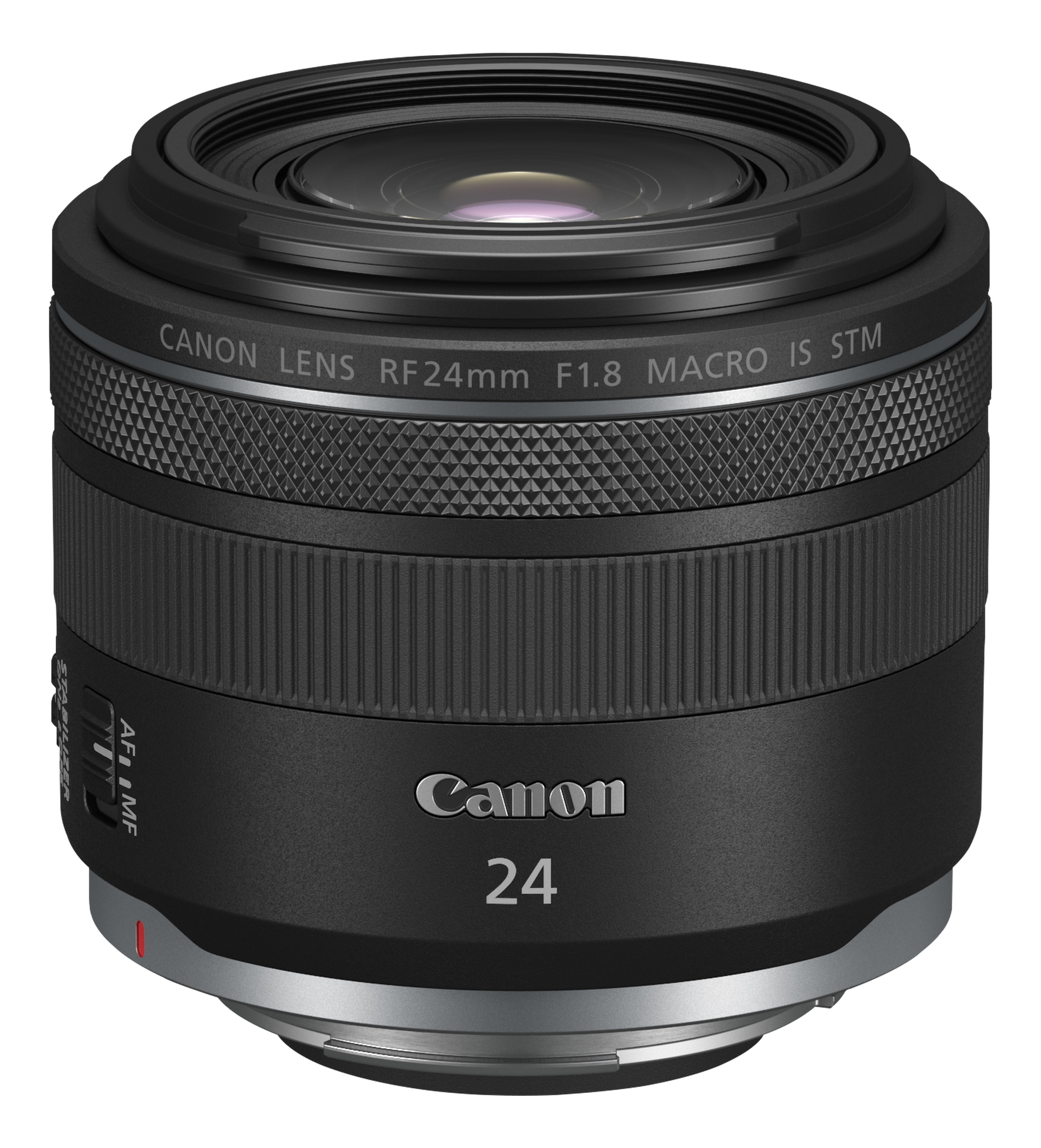 Obiettivo macro Canon RF 24mm F1.8 nero su sfondo nero.