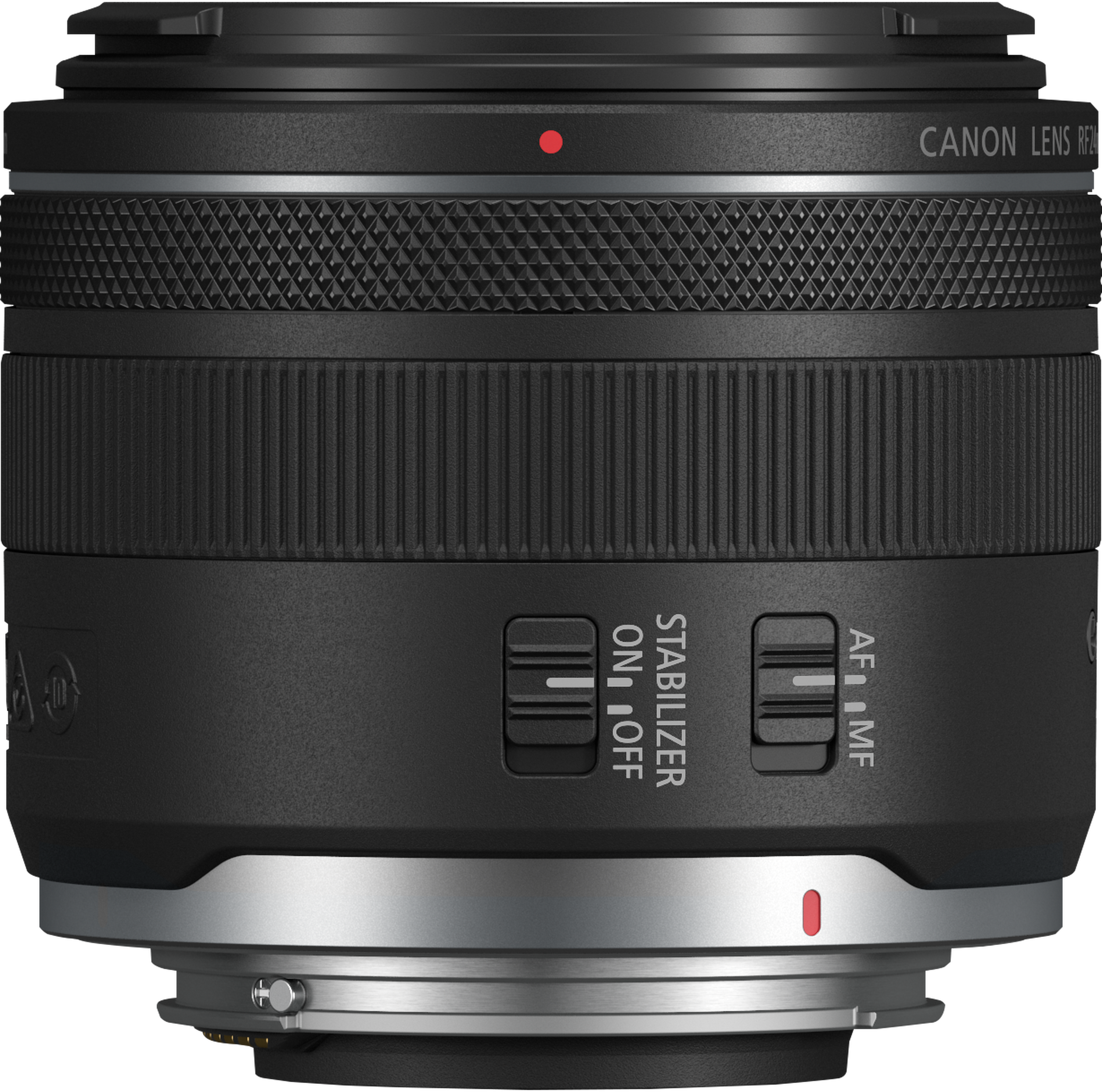 Obiettivo per fotocamera Canon nero con ghiere testurizzate e interruttori AF/MF e stabilizzatore.