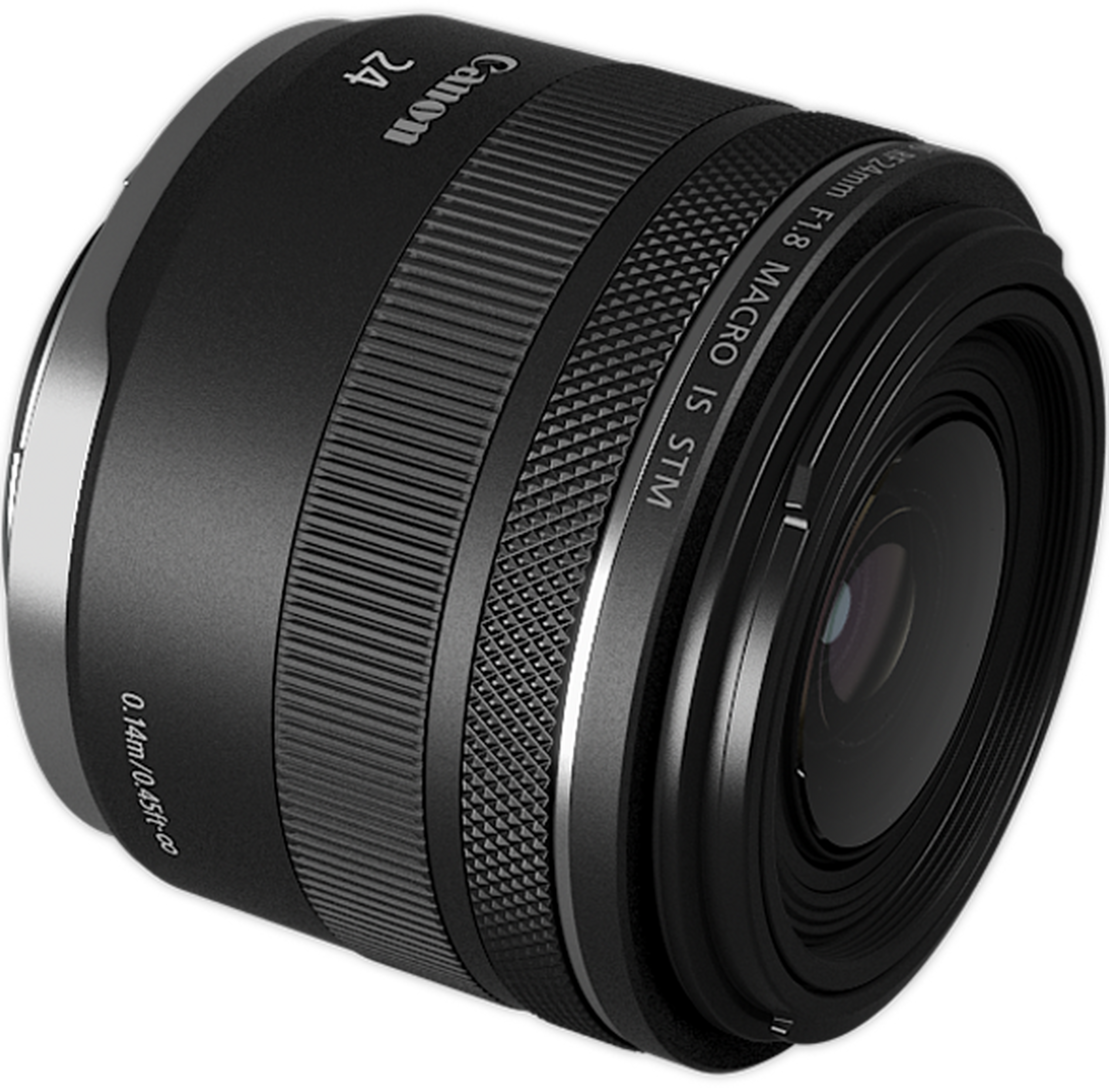 Obiettivo per fotocamera nero Canon RF 24mm F1.8 Macro IS STM su sfondo nero.