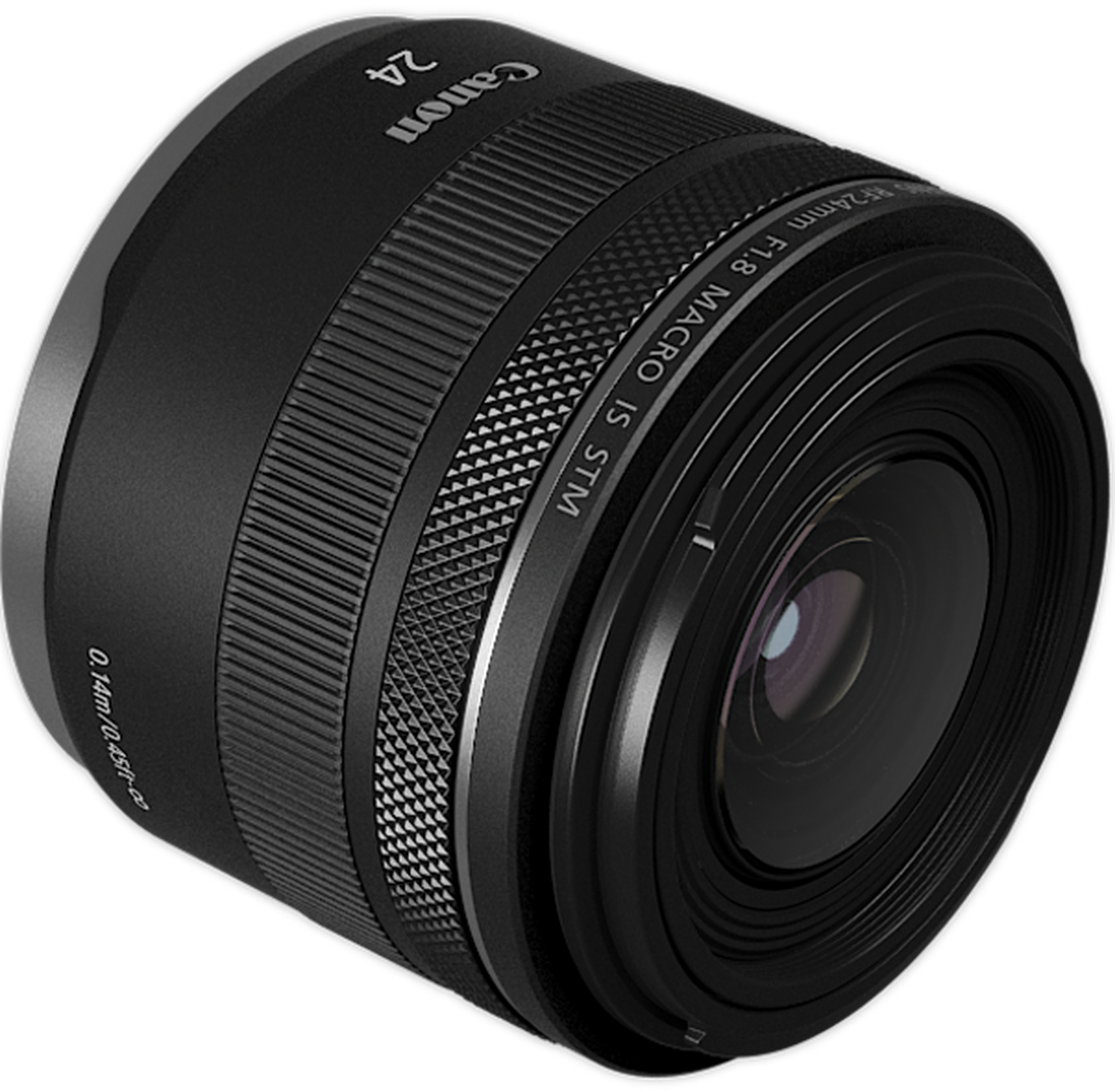 Obiettivo macro Canon RF 24mm F1.8 nero su sfondo nero.