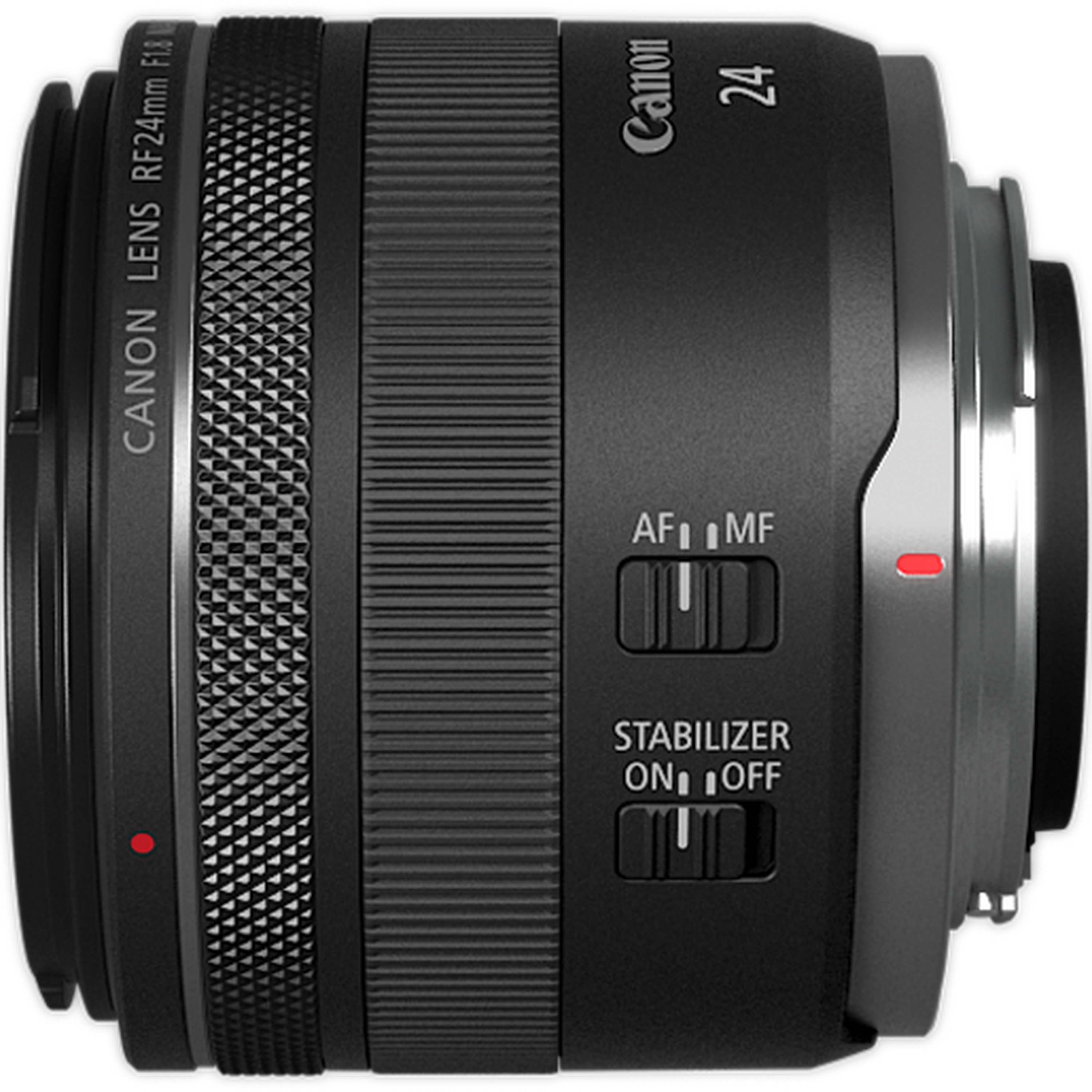 Vista laterale di un obiettivo fotografico Canon RF da 24 mm nero con interruttori AF/MF e stabilizzatore su sfondo nero.