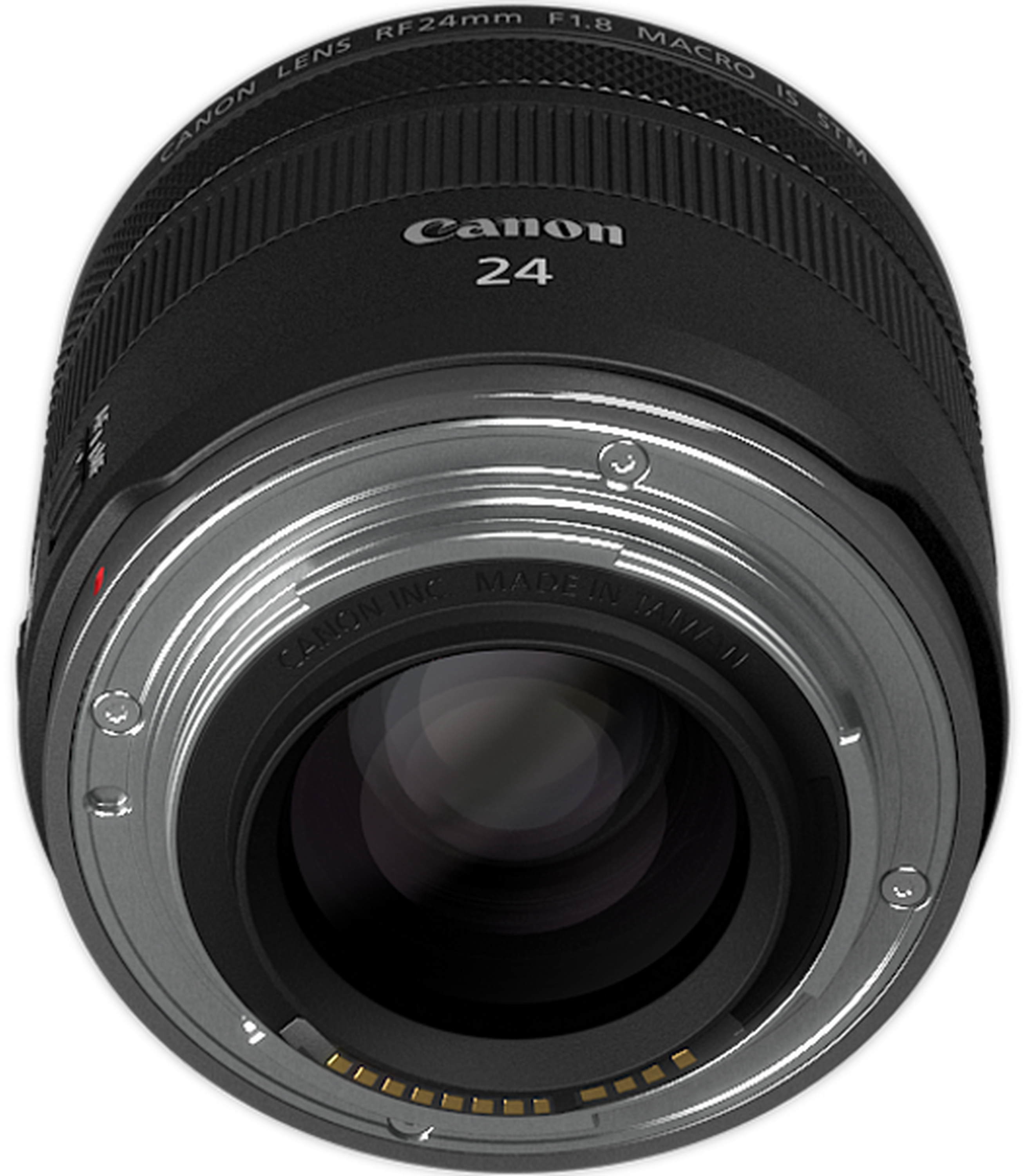 Primo piano di un obiettivo fotografico nero Canon RF 24 mm con innesto in metallo su sfondo nero.