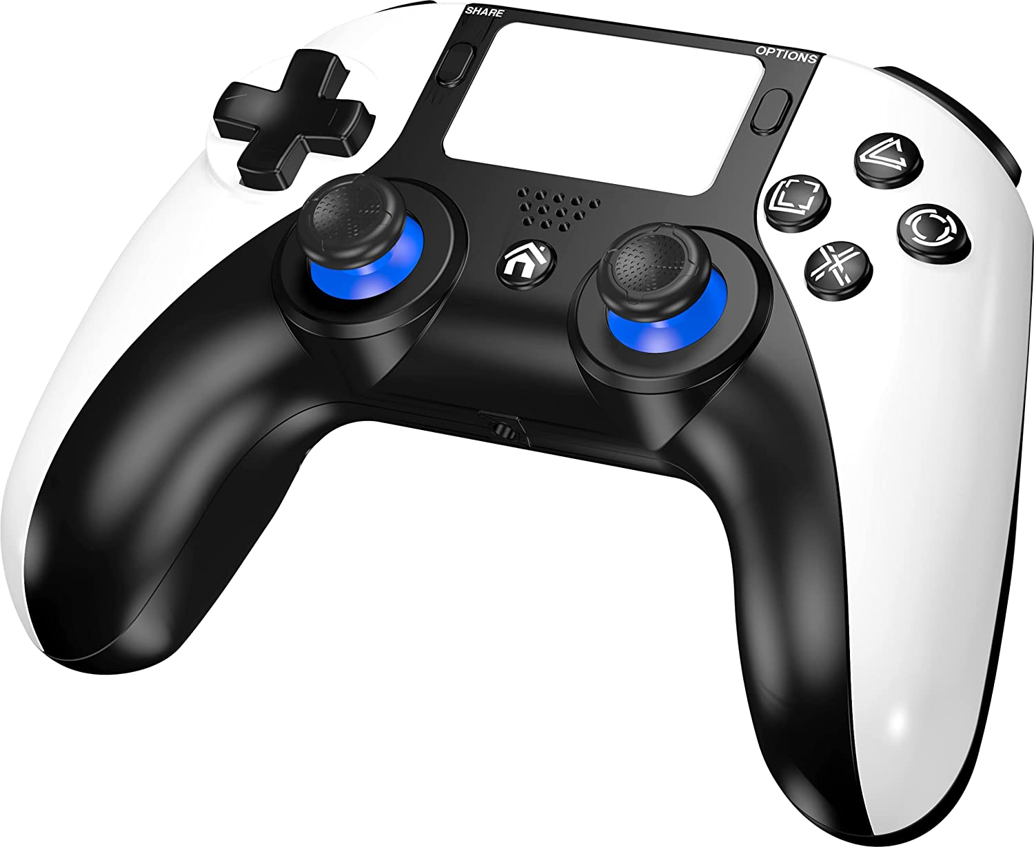 Ein schwarz-weißer Gamecontroller mit blauen Thumbsticks und mehreren Knöpfen.