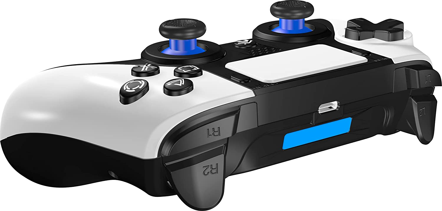 Ein weiß-schwarzer Gamecontroller mit blauen Akzenten vor weißem Hintergrund.
