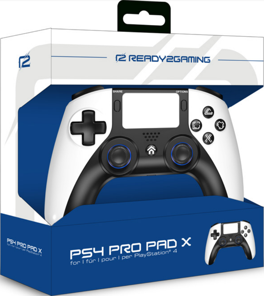 Weißer und schwarzer Gamecontroller in der Verpackung.