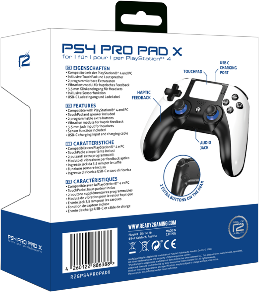 Rückseite des PS4 Pro Pad X Controllers, mit Beschriftungen und Tasten.