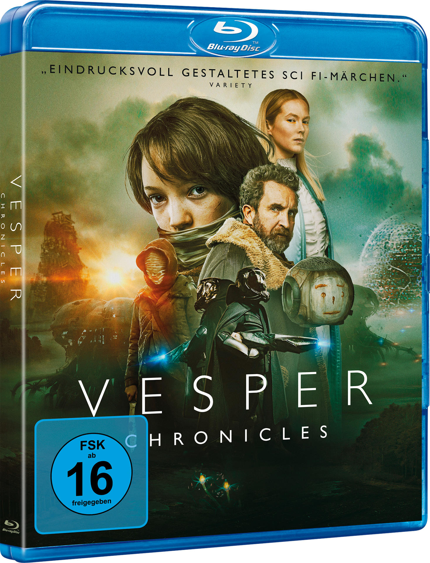 Blu-ray-Filmcover mit einer Frau, einem Jungen und einem Mann. Der Filmtitel lautet 'Vesper Chronicles'.