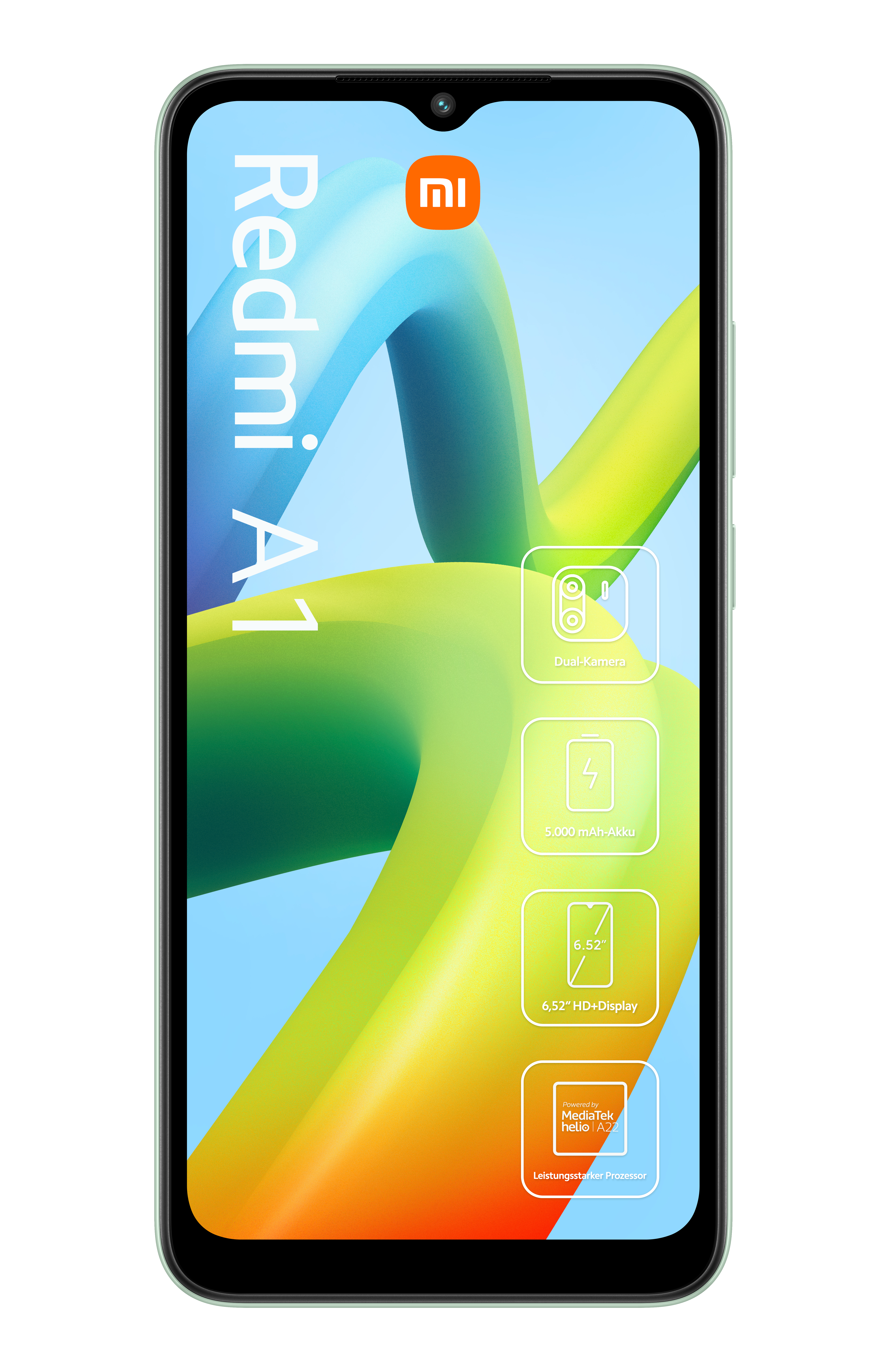 Vorderansicht des Redmi A1-Telefons, das den Bildschirm und die Funktionen zeigt.