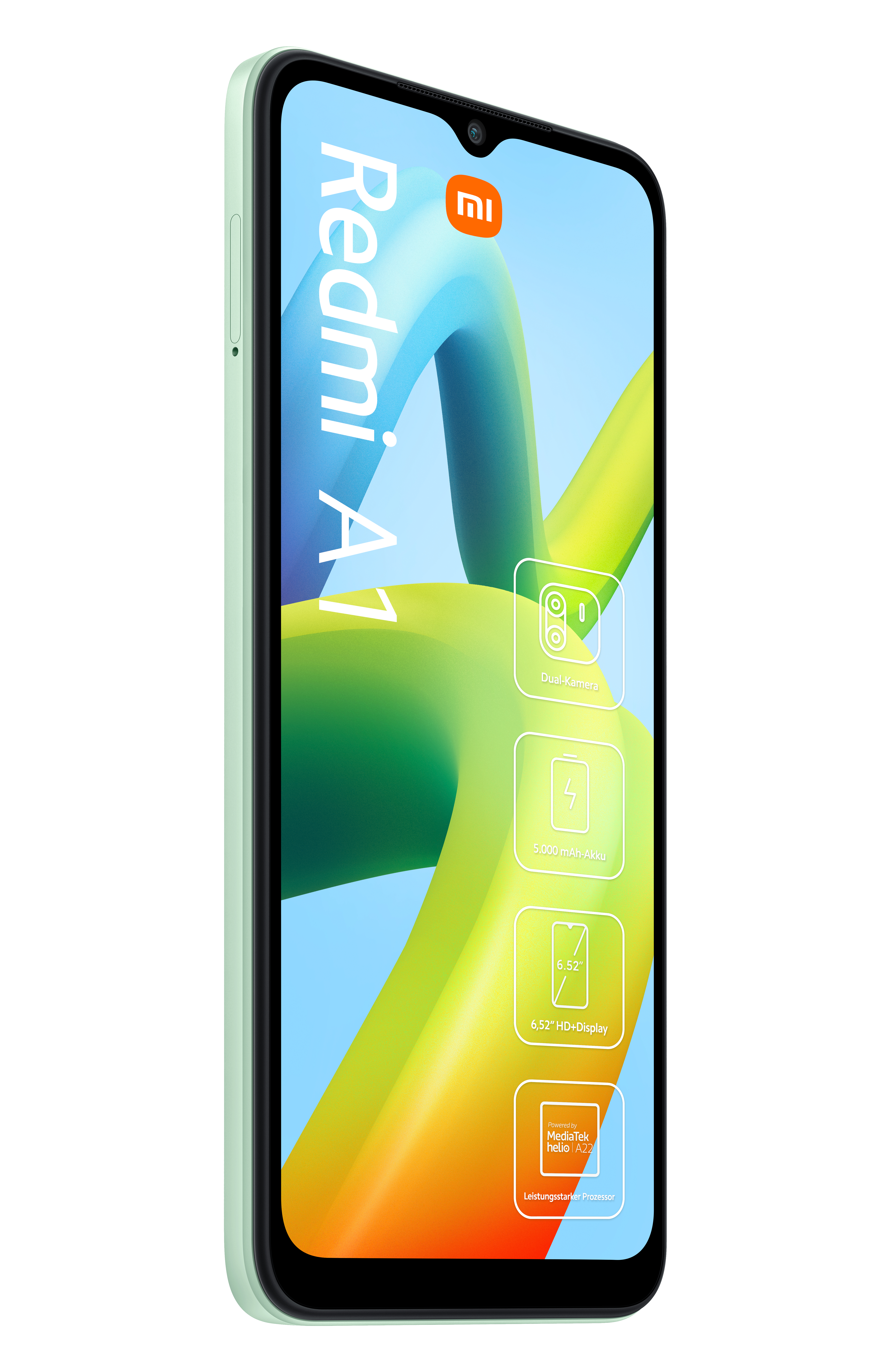Grünes Smartphone mit einem Bildschirm, der eine Benutzeroberfläche mit Symbolen und Text zeigt.