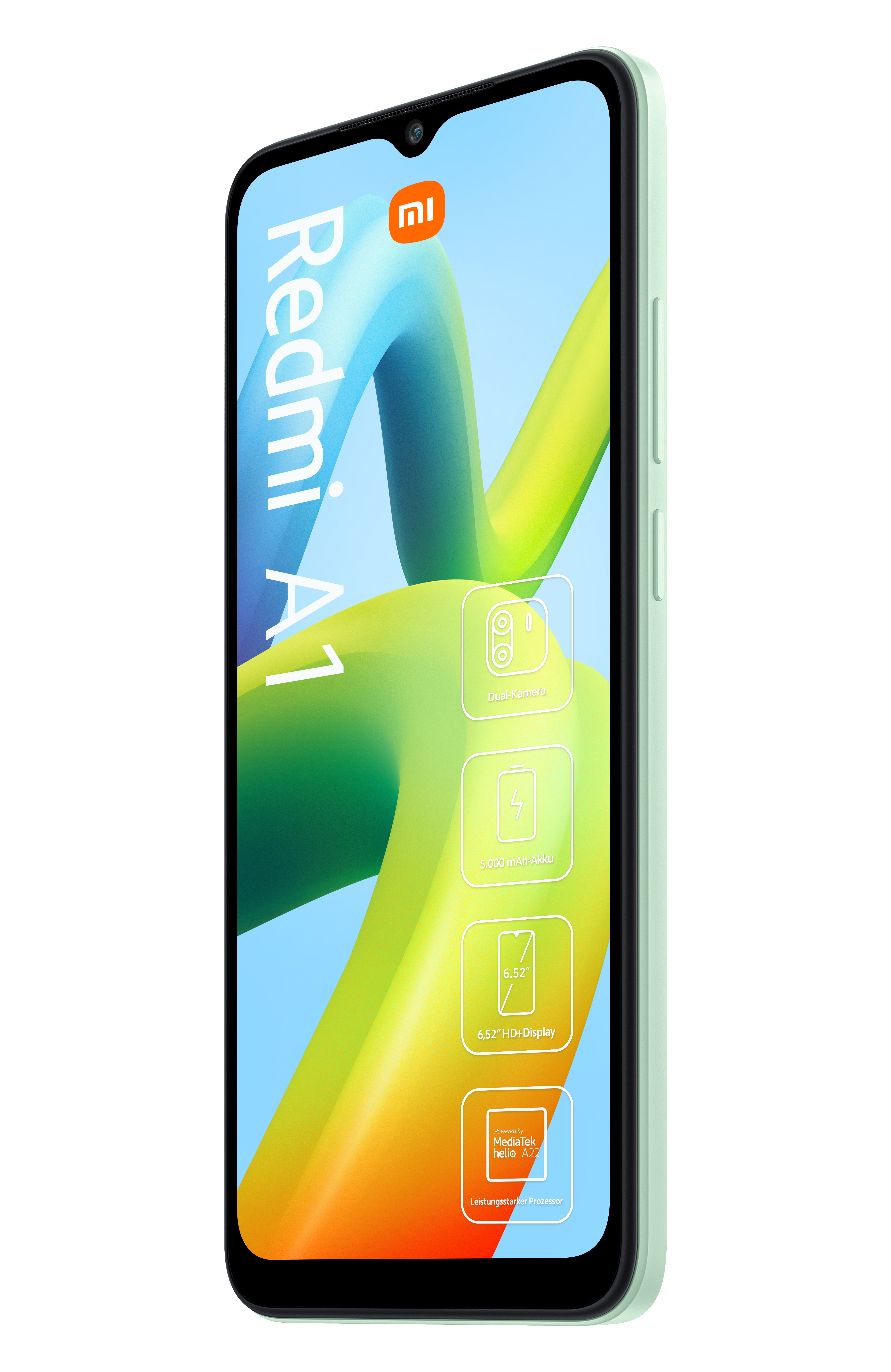 Grünes Smartphone mit Bildschirm, der App-Symbole anzeigt. Das Telefon hat eine Dual-Kamera.