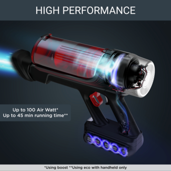 Un aspirapolvere portatile con scie luminose e il testo 'High performance'.