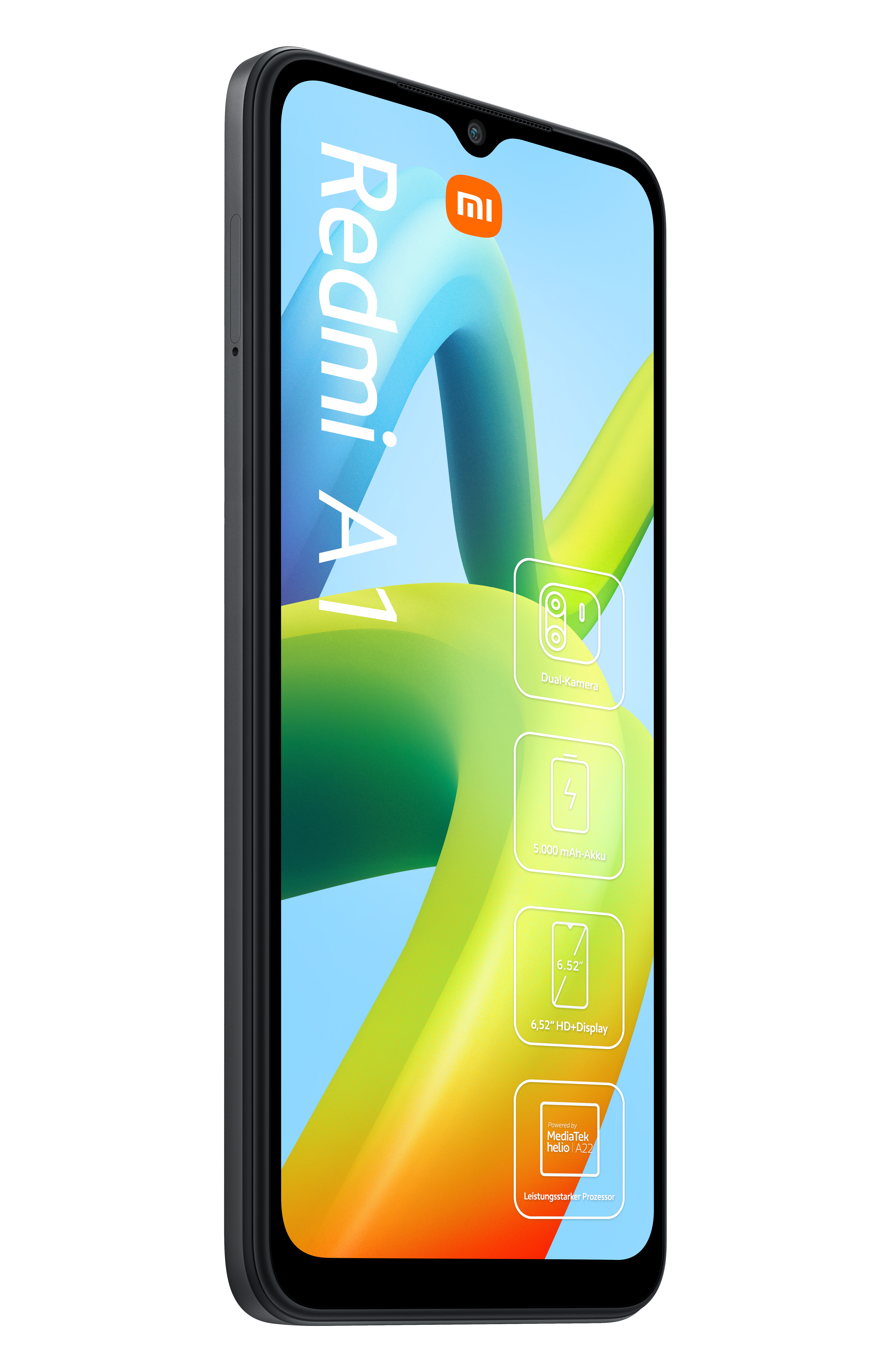 Redmi A1 Smartphone, Seitenansicht, mit hervorgehobenen Funktionen.