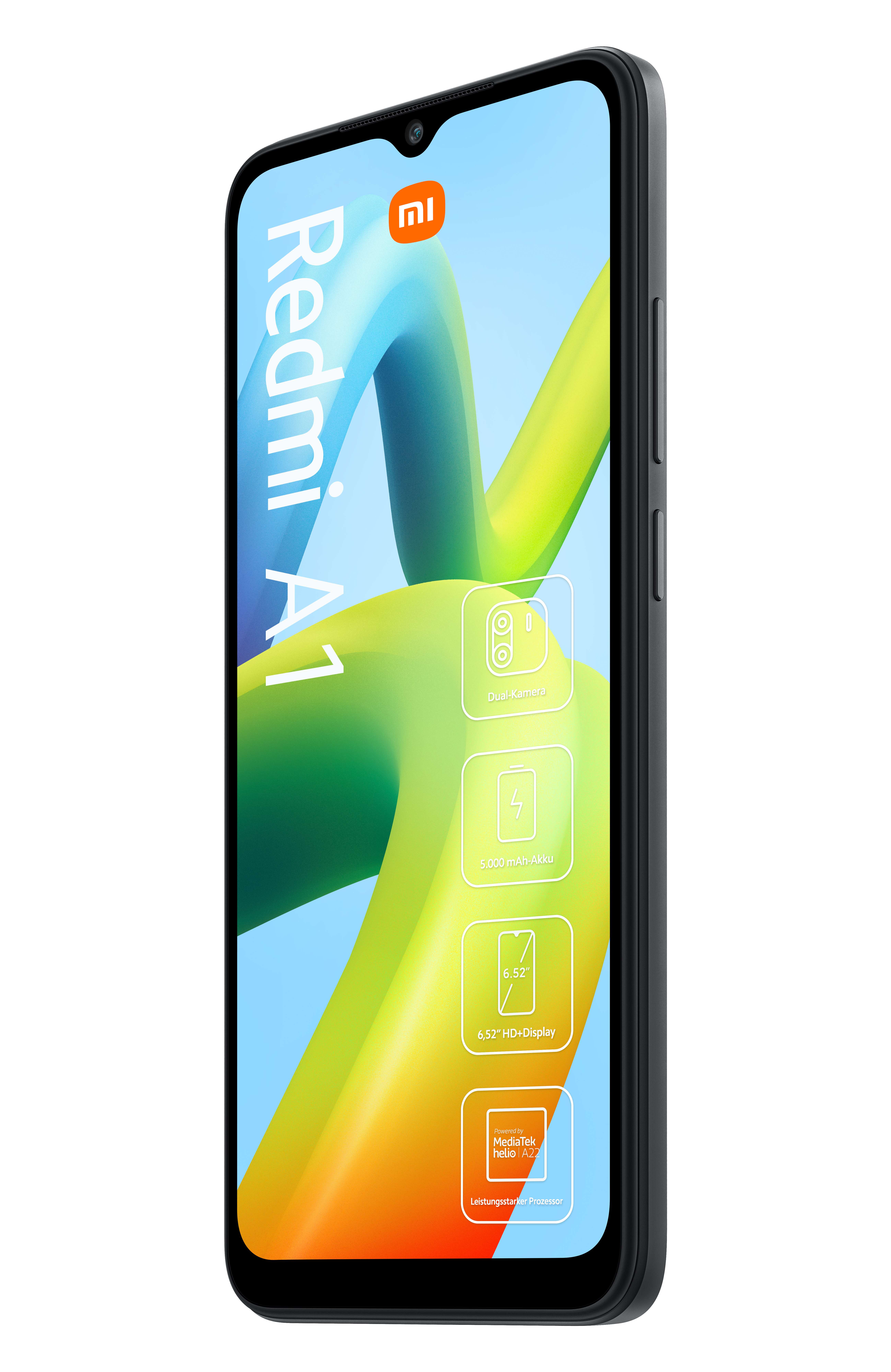Schwarzes Redmi A1-Smartphone mit Display, das App-Symbole und Text zeigt. Schwarzer Rahmen um das Telefon.
