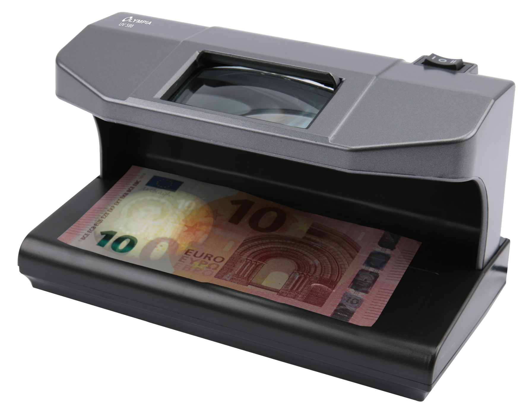 Pénzvizsgáló egy euró bankjeggyel, az eredményt mutatva.
