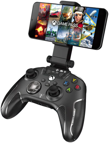 Une manette de jeu noire avec un téléphone attaché, affichant diverses couvertures de jeux.