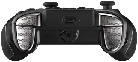 Manette de jeu noire, vue arrière, boutons argentés. Boutons RB, LB, RT, LT visibles.