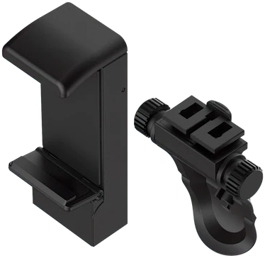 Deux accessoires noirs pour smartphone. L'un est un support de téléphone, l'autre un adaptateur à clipser.