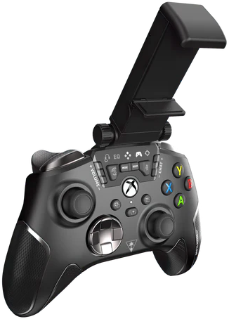 Une manette Xbox noire avec un support de téléphone sur le dessus.