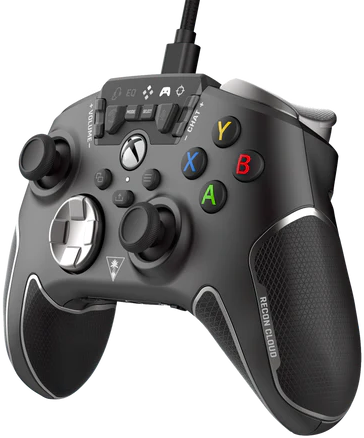 Une manette Xbox Recon Cloud noire avec des boutons et un câble.