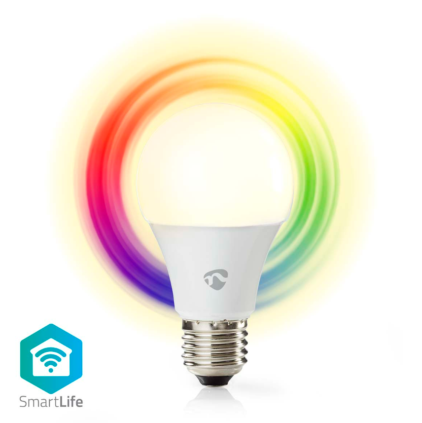 Weiße Glühbirne mit einem regenbogenfarbenen Heiligenschein. SmartLife und WLAN-Symbol sind sichtbar.