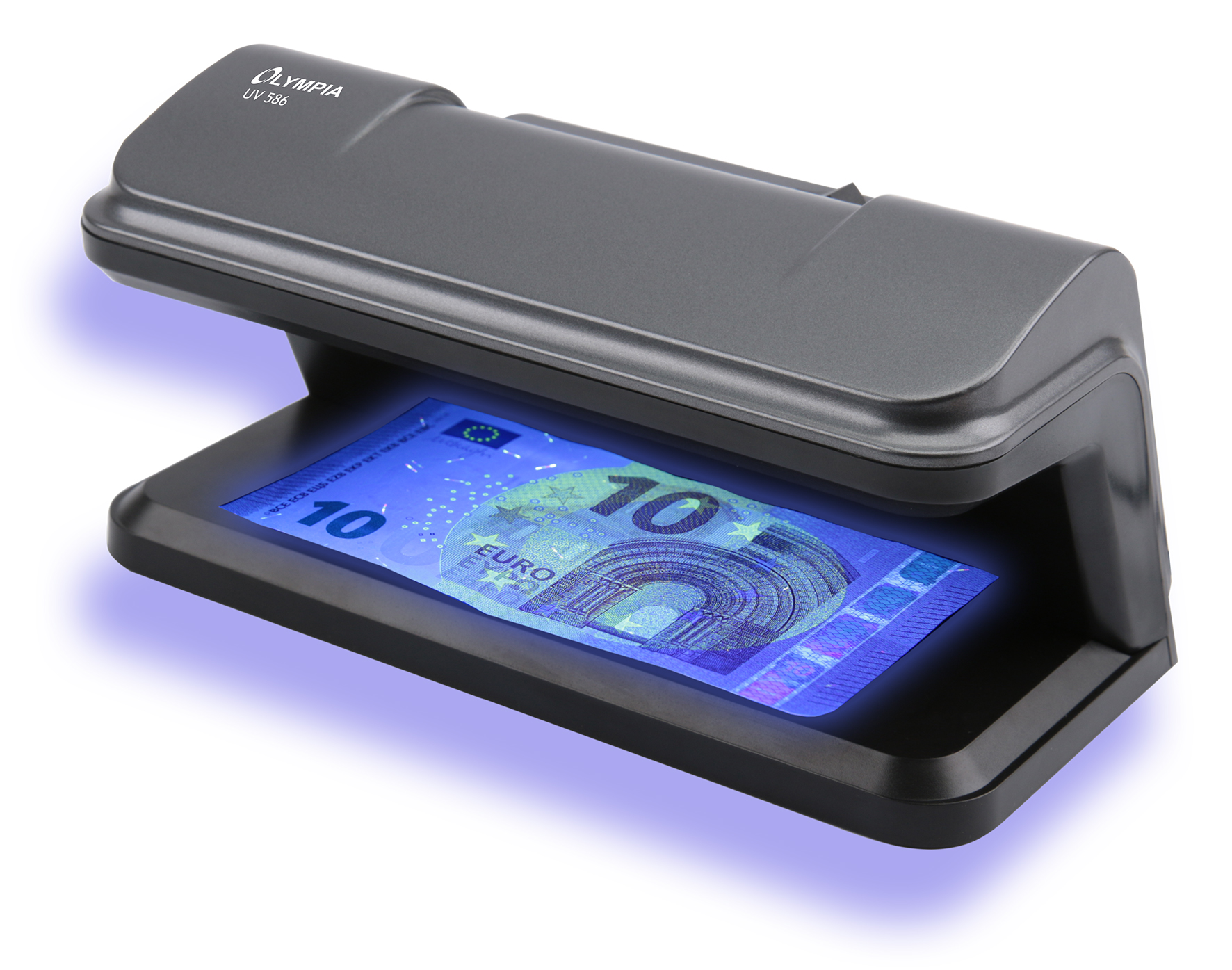 Szürke Olympia UV-586 pénzvizsgáló, 10 eurós bankjeggyel, kék fényben.