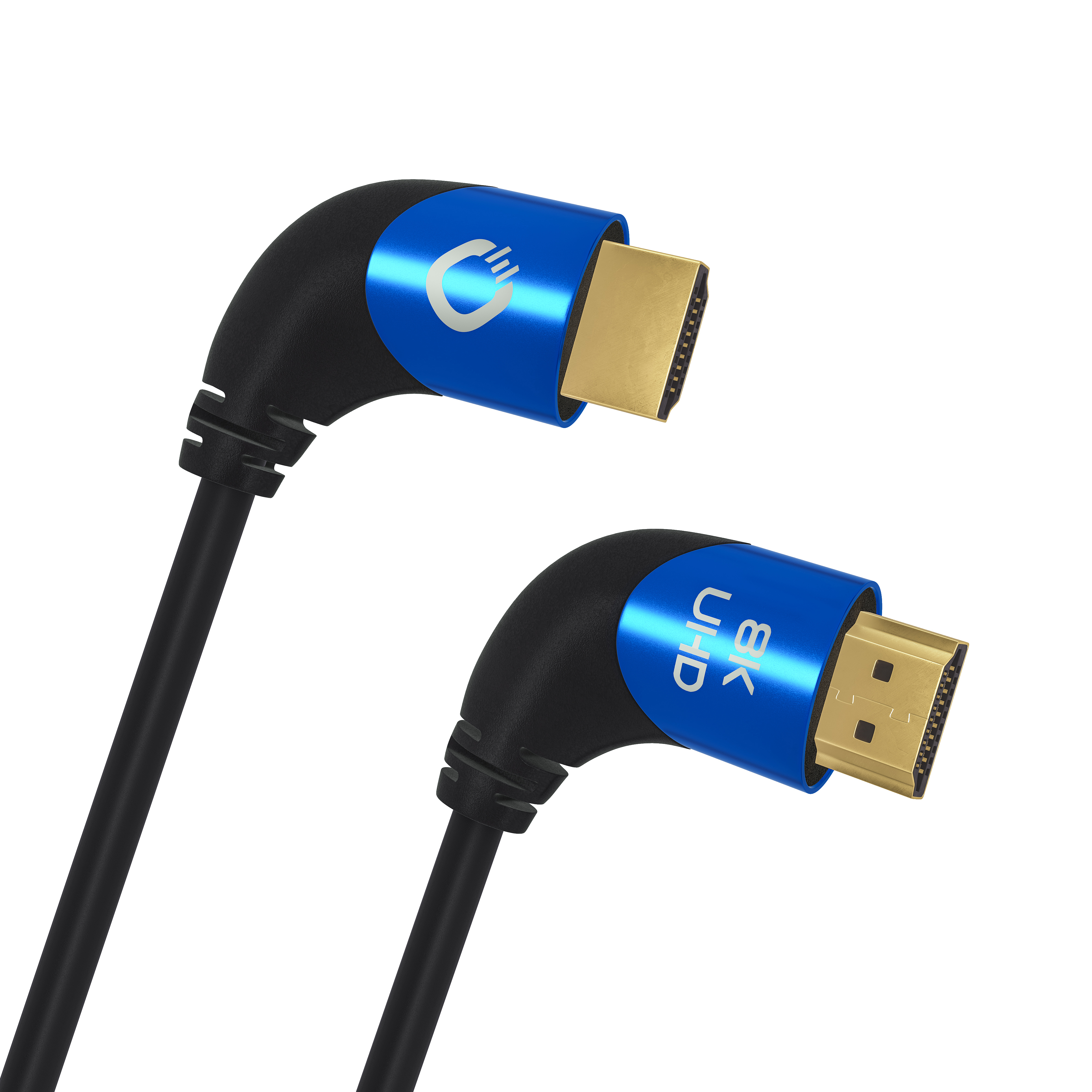 Zwei HDMI-Kabel mit blauen Enden, schwarzes Kabel und Hintergrund, Anschlüsse sichtbar.
