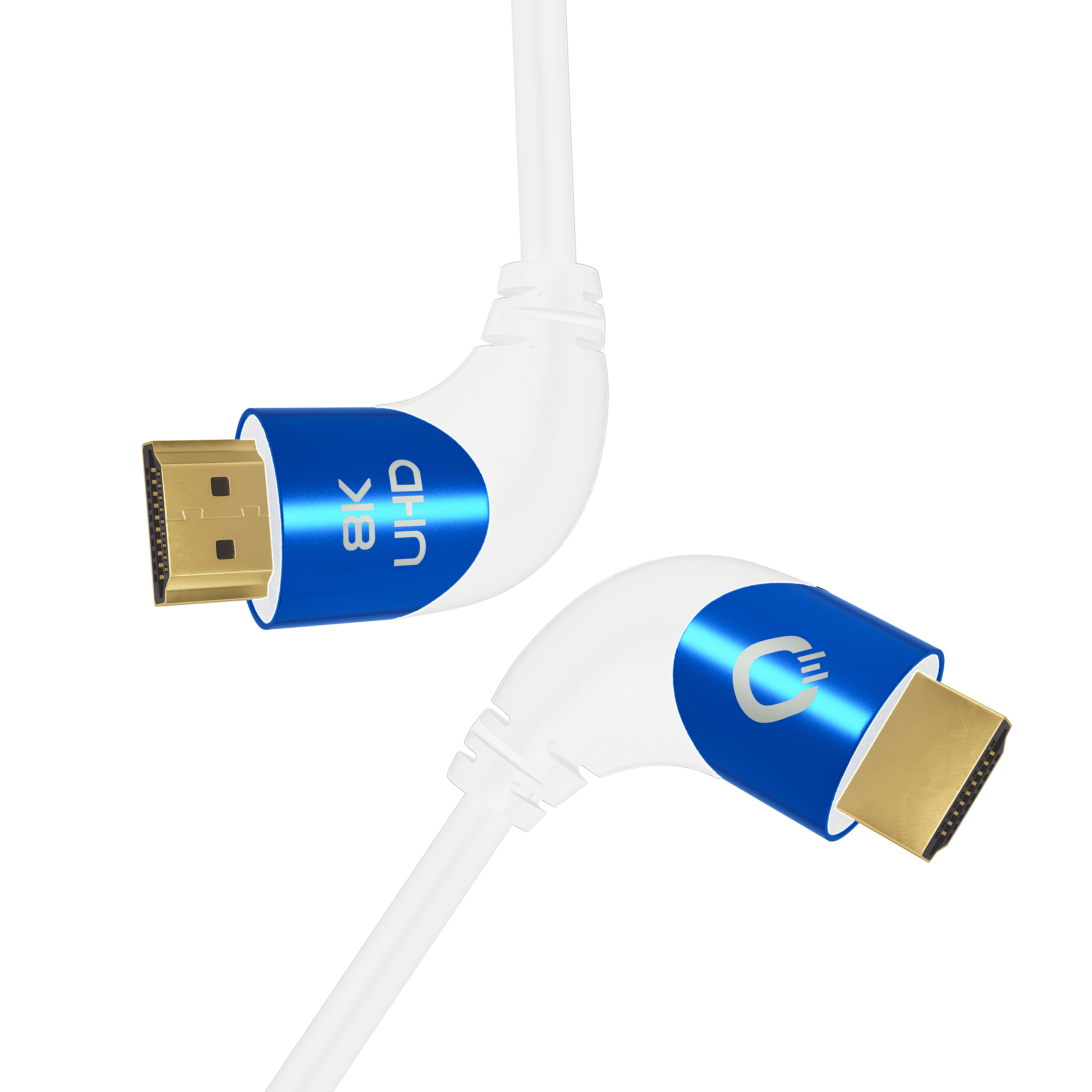 Zwei weiße HDMI-Kabel mit blauen Steckern.