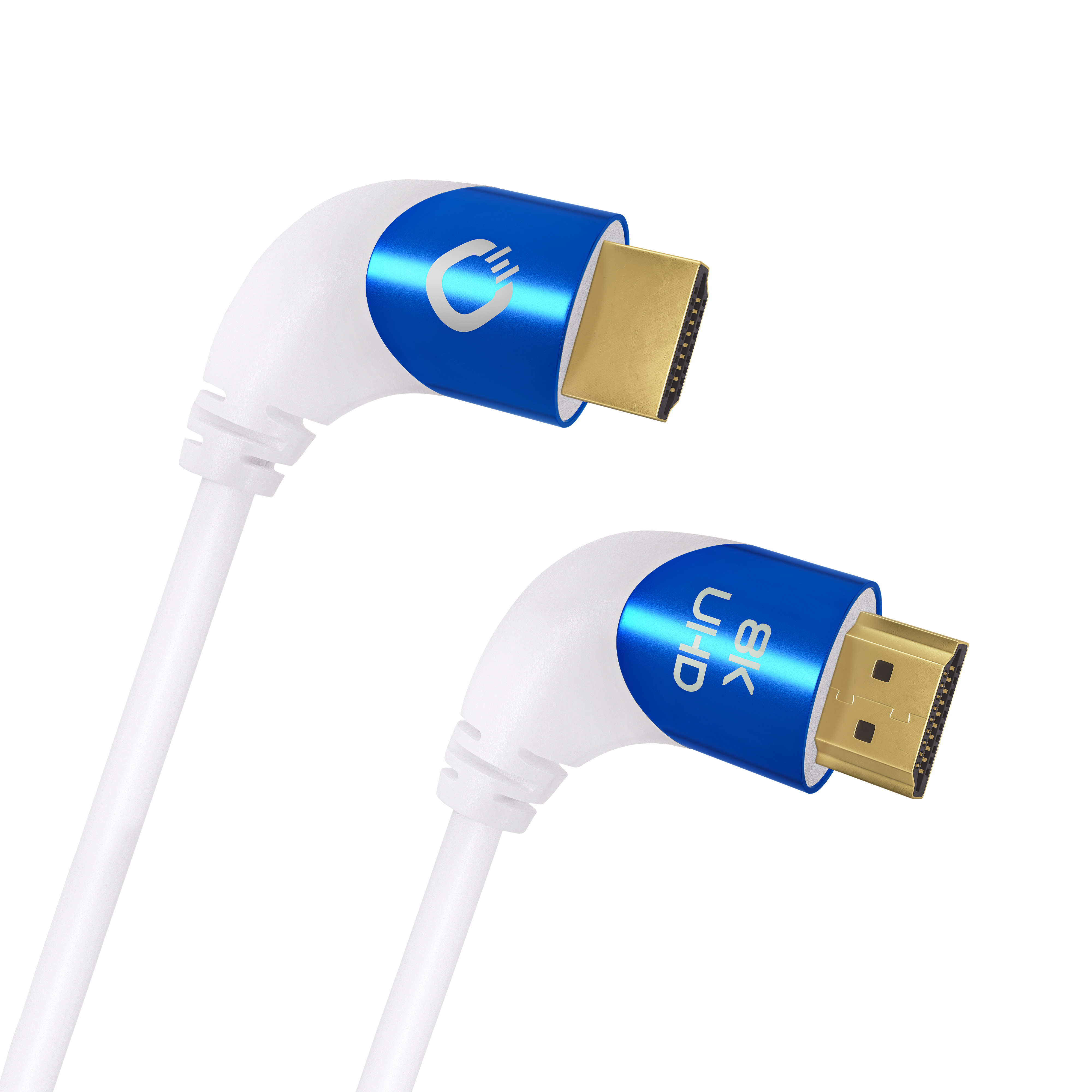 HDMI-Kabel mit blauen Akzenten und 8K UHD-Text. Es ist weiß mit goldenen Steckern.