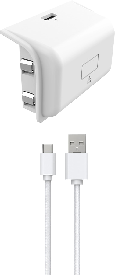 Accessoire de charge blanc avec un câble USB-C et USB sur fond blanc.