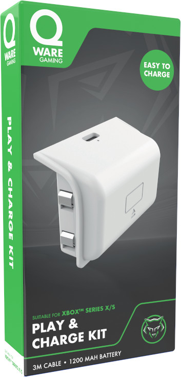 Boîte blanche Q Ware Gaming Play & Charge Kit, avec un appareil de chargement blanc.